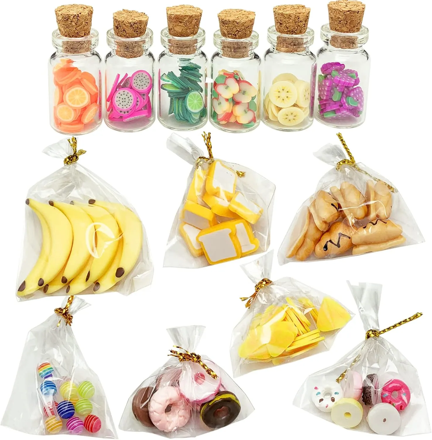 13 Packs Cute 1:12 Miniature Dollhouse Food Lollipop Toast Cheese Bread Donut Fruit Slice Jar Glass Bottle Mini Kitchen Scene Model Simulation DIY Decoration Accessories