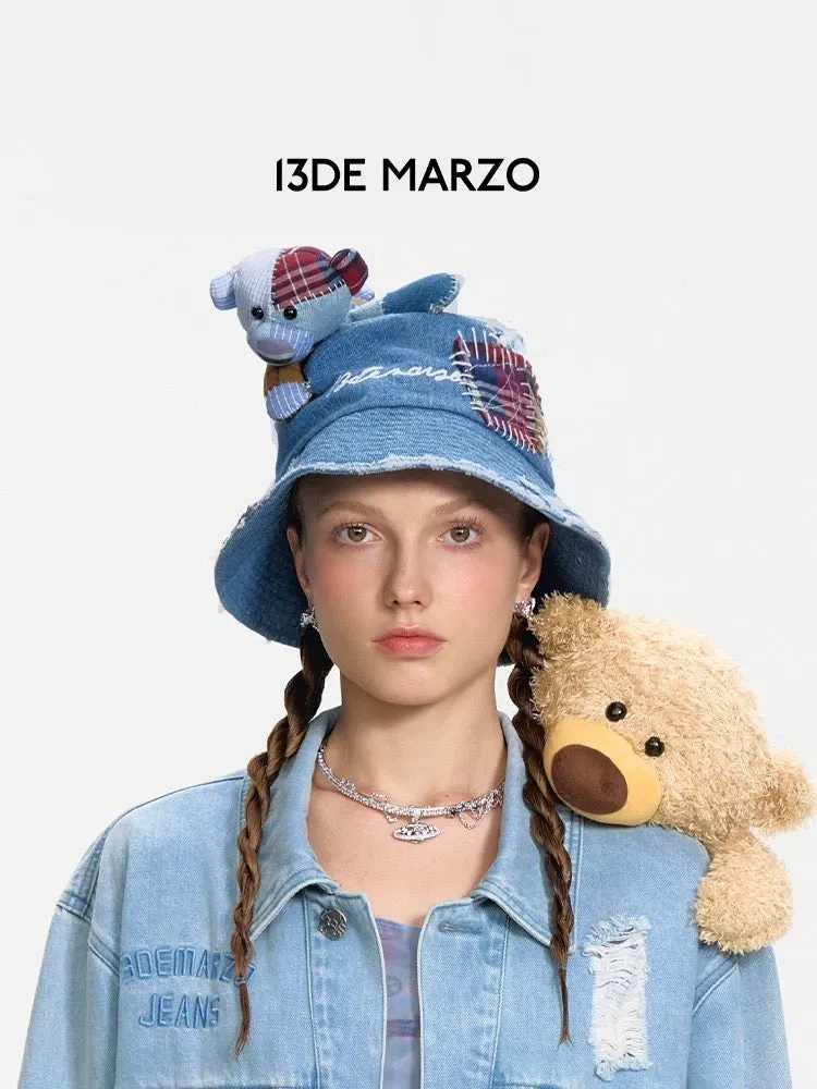 13DE MARZO Plaid Patch Denim Bucket Hat Blue