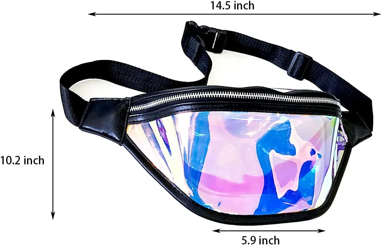 14“ Neon Black Rave Fanny Pack, Iridescent Clear Waist Bag with 45”Adjustable Belt, TPU Plain Bag with Zipper for Women, Holographic Belt Bag Stadium Approved Pack Bag for Phone Key Airpod Halyuhn