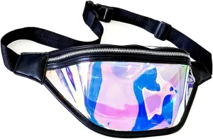 14“ Neon Black Rave Fanny Pack, Iridescent Clear Waist Bag with 45”Adjustable Belt, TPU Plain Bag with Zipper for Women, Holographic Belt Bag Stadium Approved Pack Bag for Phone Key Airpod Halyuhn