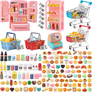 143pcs Mini Shopping Cart Basket Miniature Food Drink Bottle Toys, Supermarket Shelve Metal Handcart Cash Register for Dollhouse Store AccessoryPretend Play Cosplay Game Kids Party Favor
