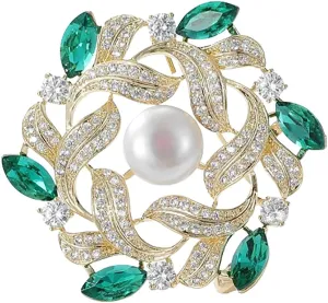 14K Gold Vintage Crystal Moissanite and Pearl Wreath Brooch - Elegant Coat Pin, Perfect for Formal Occasions