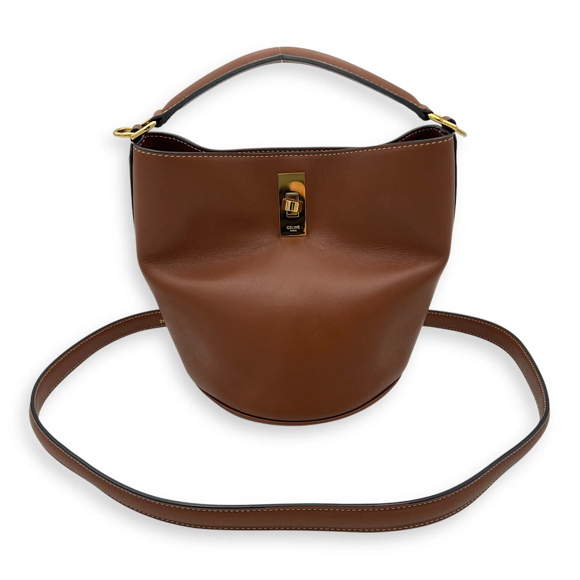 16 Teen Brown Bucket Bag in Calfskin, Gold hardware