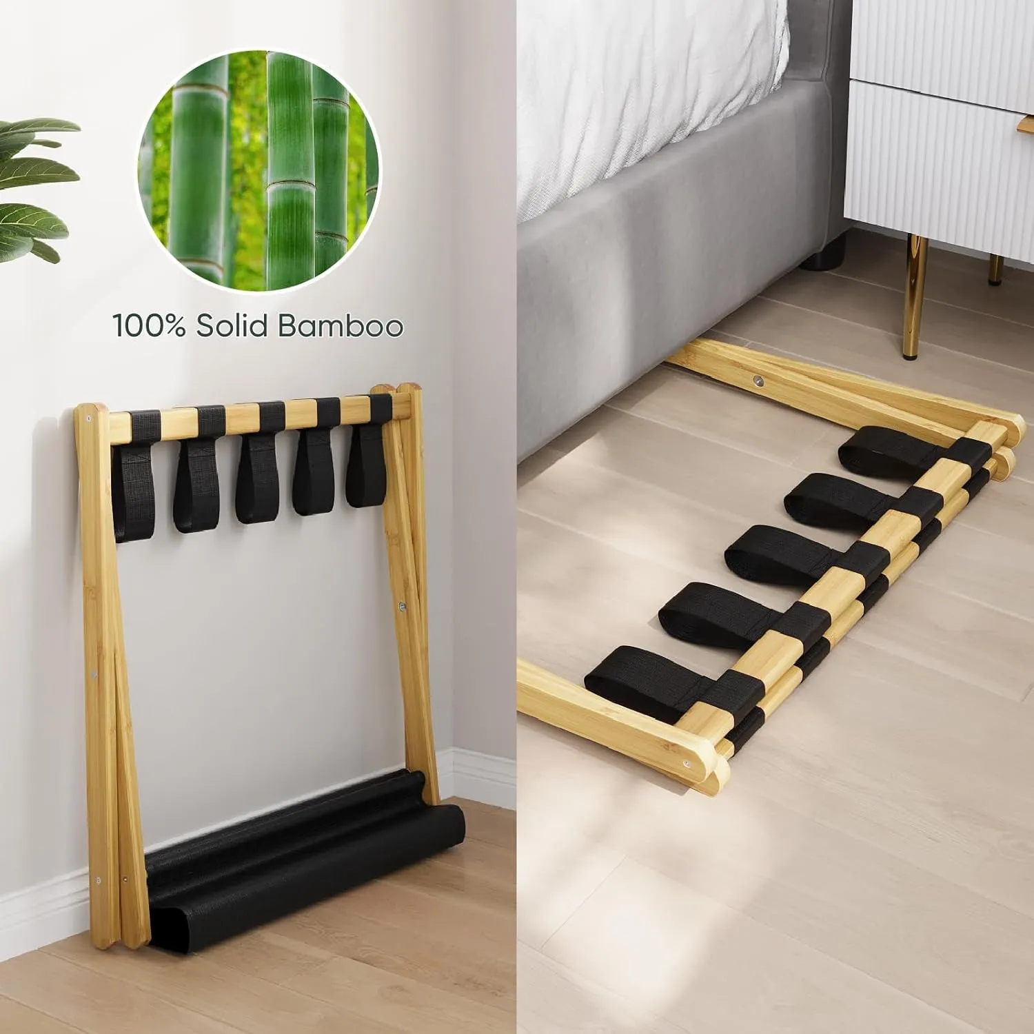 2 Pack Luggage Rack, Folding Luggage Rack for Guest Room, Bamboo Suitcase Stand Holds up to 131 lb, Luggage Stand with Storage Shelf for Hotel, Bedroom