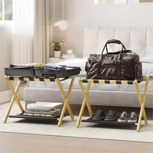 2 Pack Luggage Rack, Folding Luggage Rack for Guest Room, Bamboo Suitcase Stand Holds up to 131 lb, Luggage Stand with Storage Shelf for Hotel, Bedroom