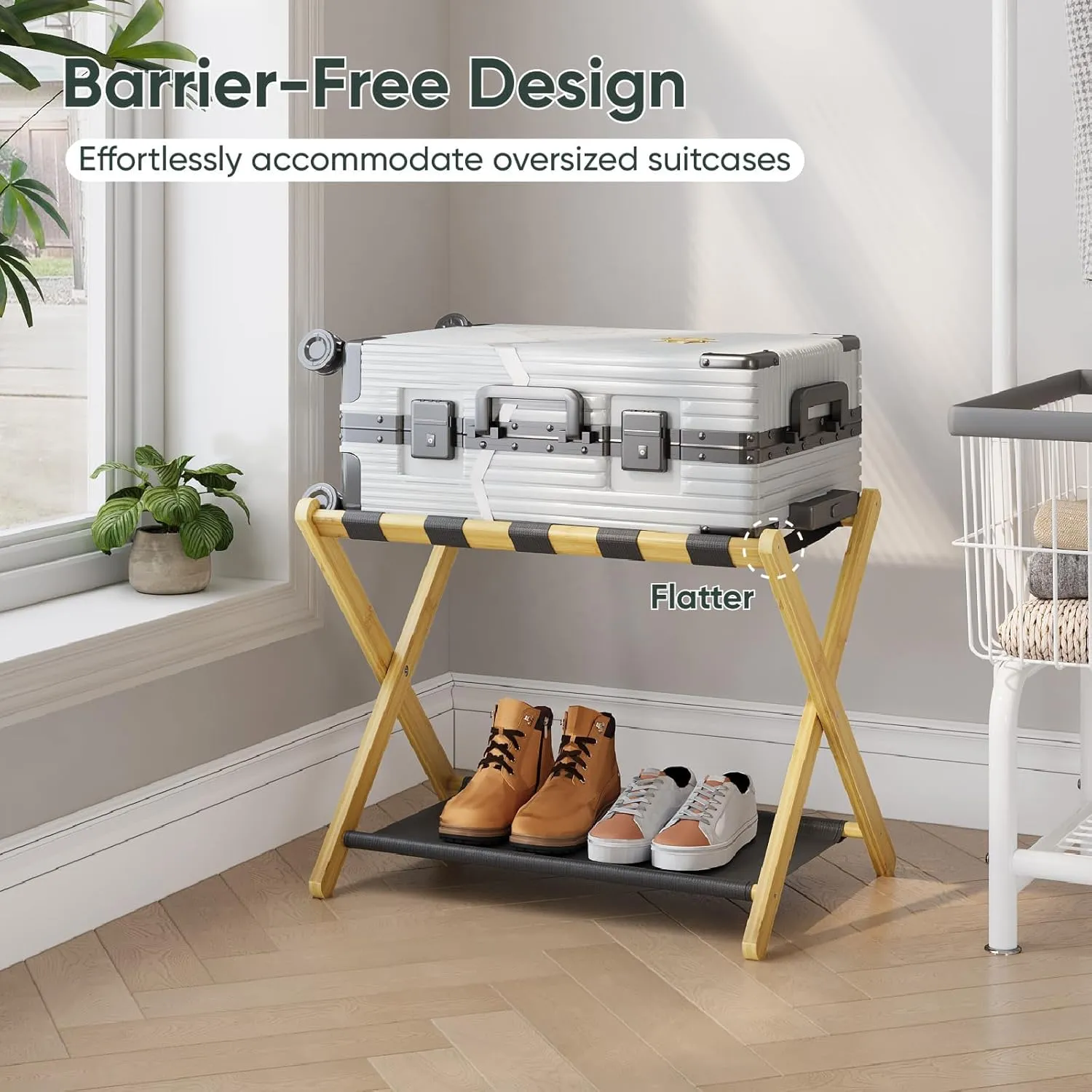 2 Pack Luggage Rack, Folding Luggage Rack for Guest Room, Bamboo Suitcase Stand Holds up to 131 lb, Luggage Stand with Storage Shelf for Hotel, Bedroom