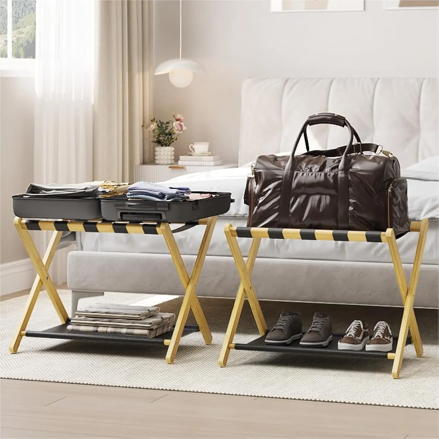 2 Pack Luggage Rack, Folding Luggage Rack for Guest Room, Bamboo Suitcase Stand Holds up to 131 lb, Luggage Stand with Storage Shelf for Hotel, Bedroom