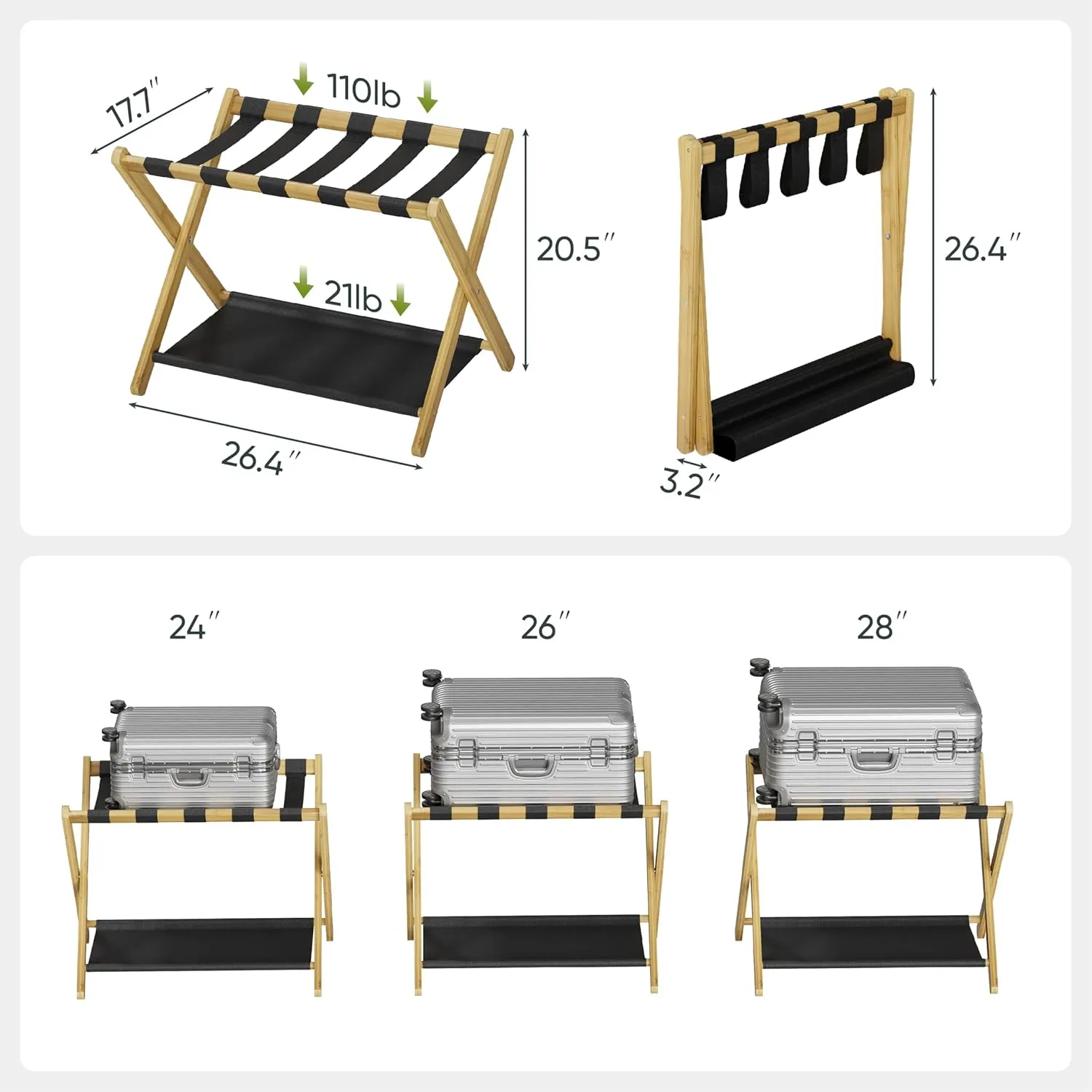 2 Pack Luggage Rack, Folding Luggage Rack for Guest Room, Bamboo Suitcase Stand Holds up to 131 lb, Luggage Stand with Storage Shelf for Hotel, Bedroom