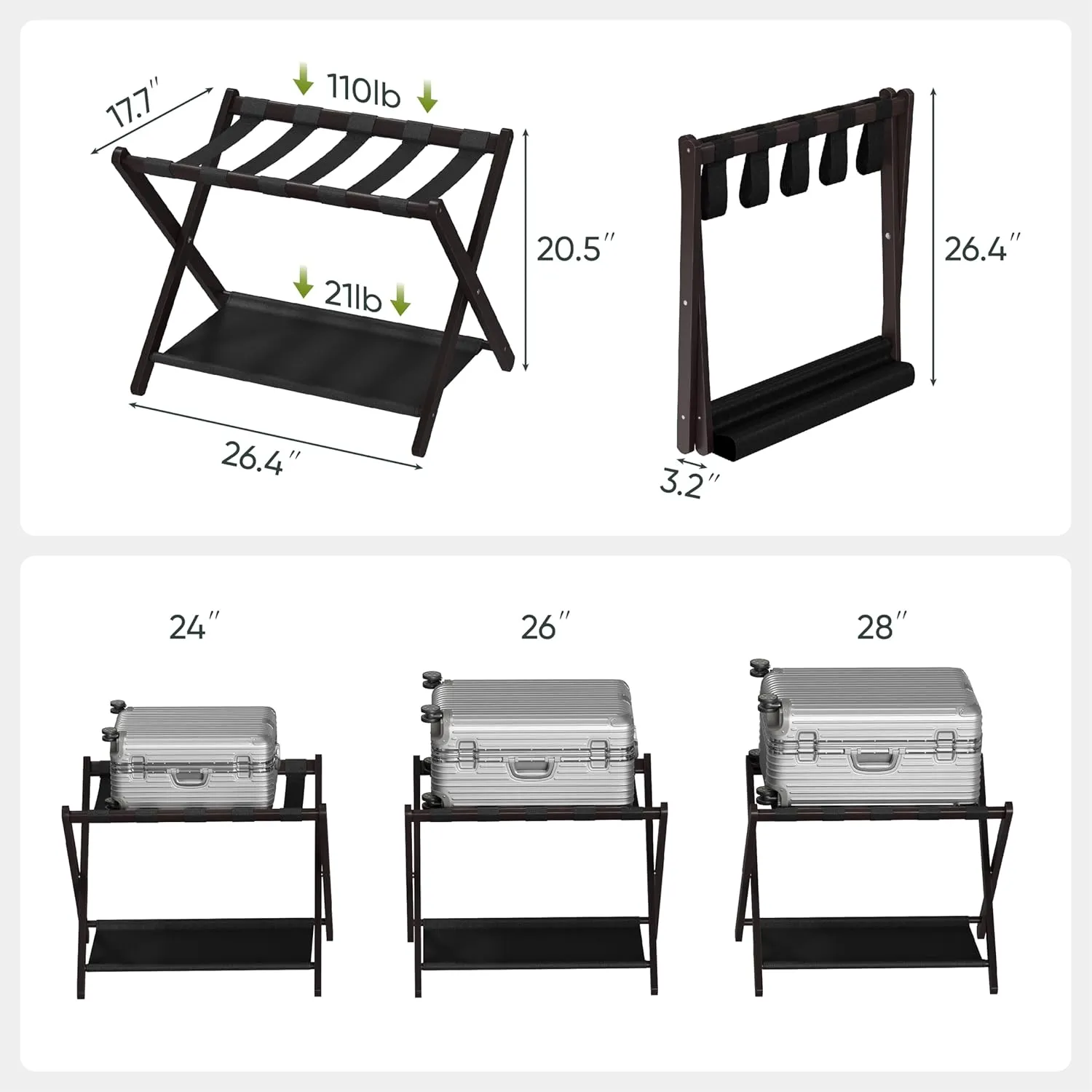 2 Pack Luggage Rack, Folding Luggage Rack for Guest Room, Brown Bamboo Suitcase Stand Holds up to 131 lb, Luggage Stand with Storage Shelf for Hotel, Bedroom