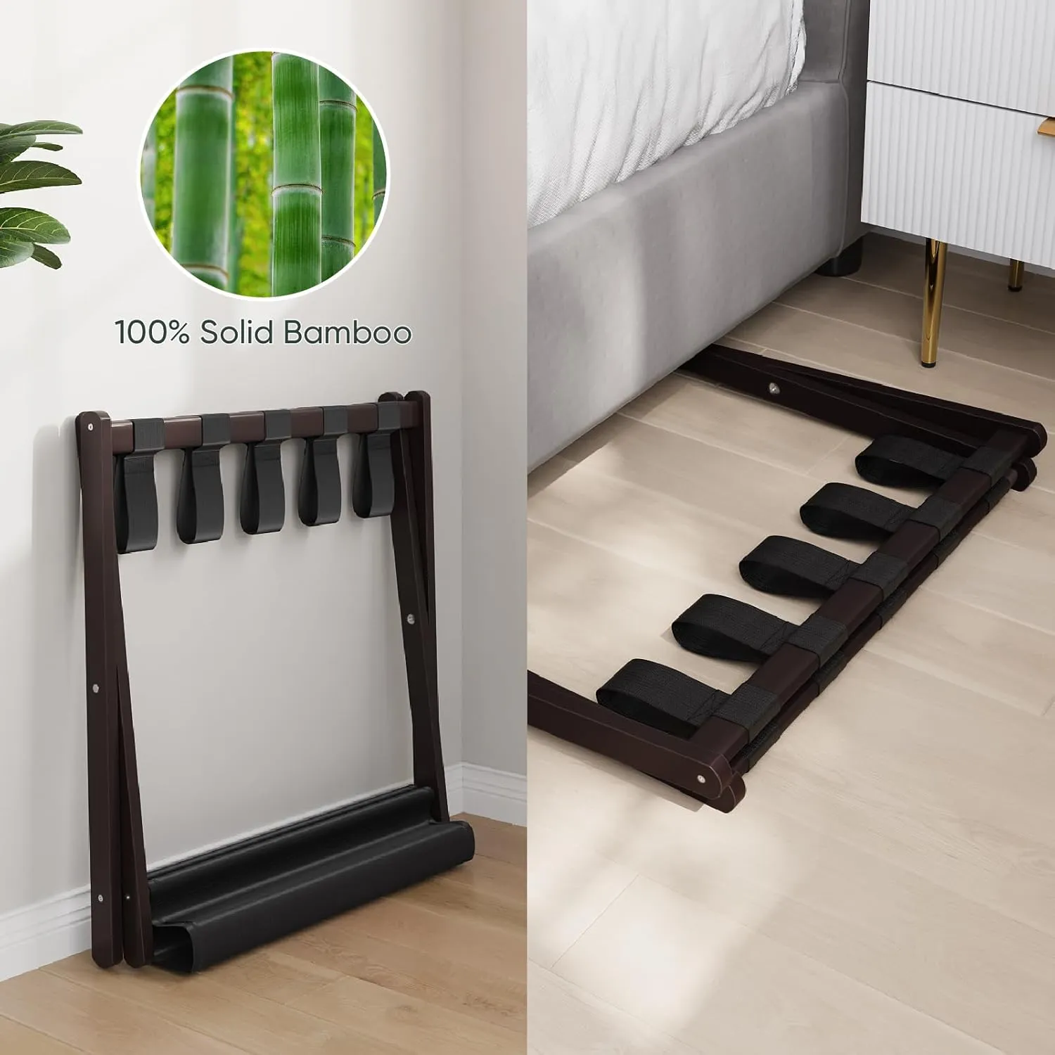 2 Pack Luggage Rack, Folding Luggage Rack for Guest Room, Brown Bamboo Suitcase Stand Holds up to 131 lb, Luggage Stand with Storage Shelf for Hotel, Bedroom
