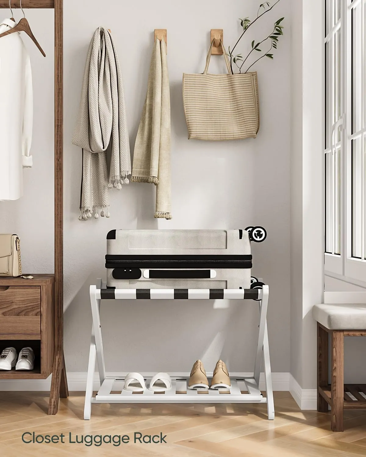 2 Packs Fully Assembled White Luggage Racks with Shoe Shelf, Folding Suitcase Stand with 5 Straps, Wooden Luggage Stand Ideal for Guest Room, Bedroom, Hotel