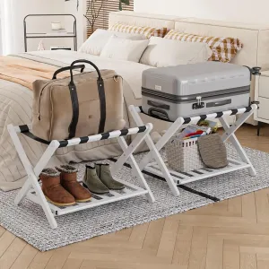 2 Packs Fully Assembled White Luggage Racks with Shoe Shelf, Folding Suitcase Stand with 5 Straps, Wooden Luggage Stand Ideal for Guest Room, Bedroom, Hotel