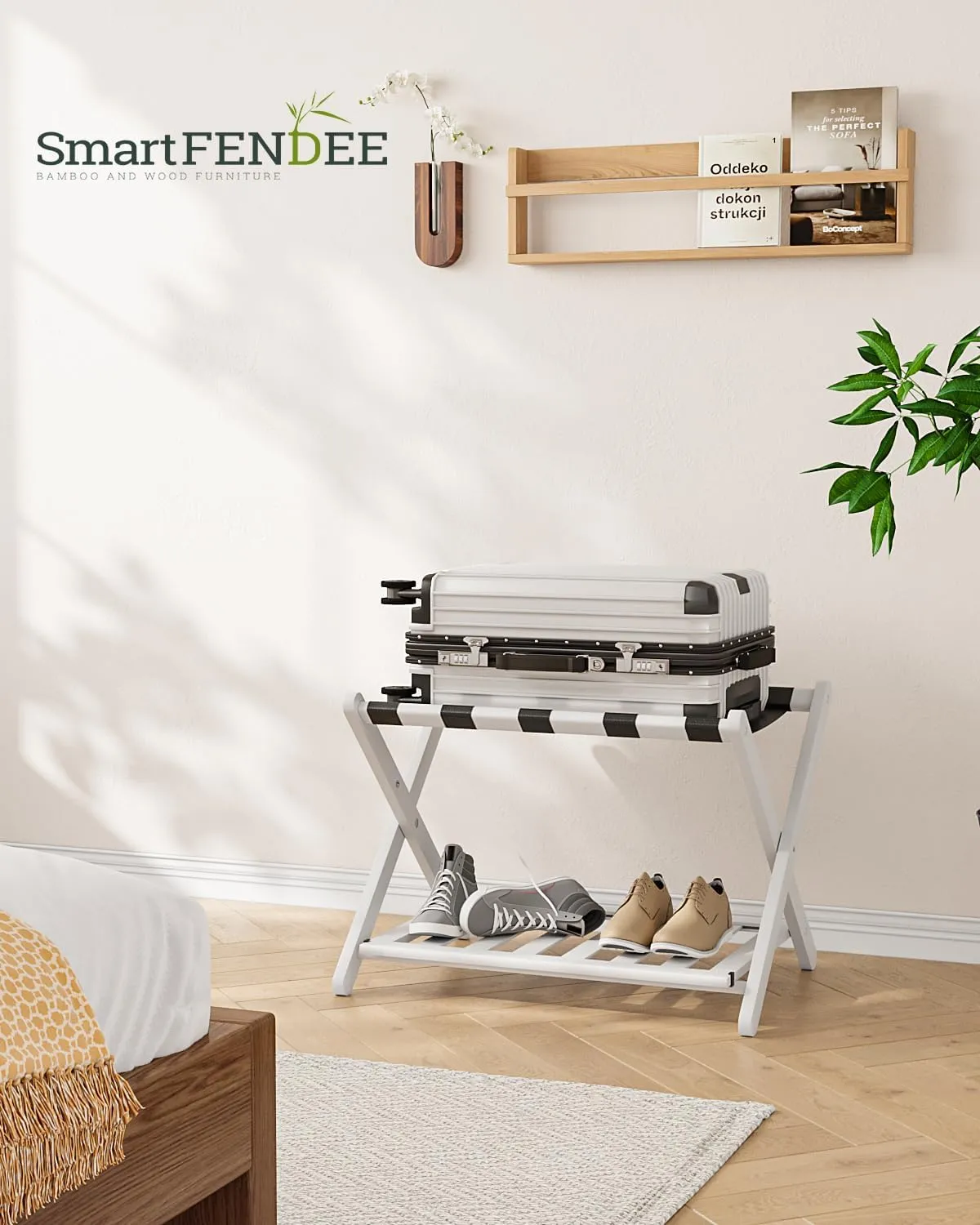 2 Packs Fully Assembled White Luggage Racks with Shoe Shelf, Folding Suitcase Stand with 5 Straps, Wooden Luggage Stand Ideal for Guest Room, Bedroom, Hotel