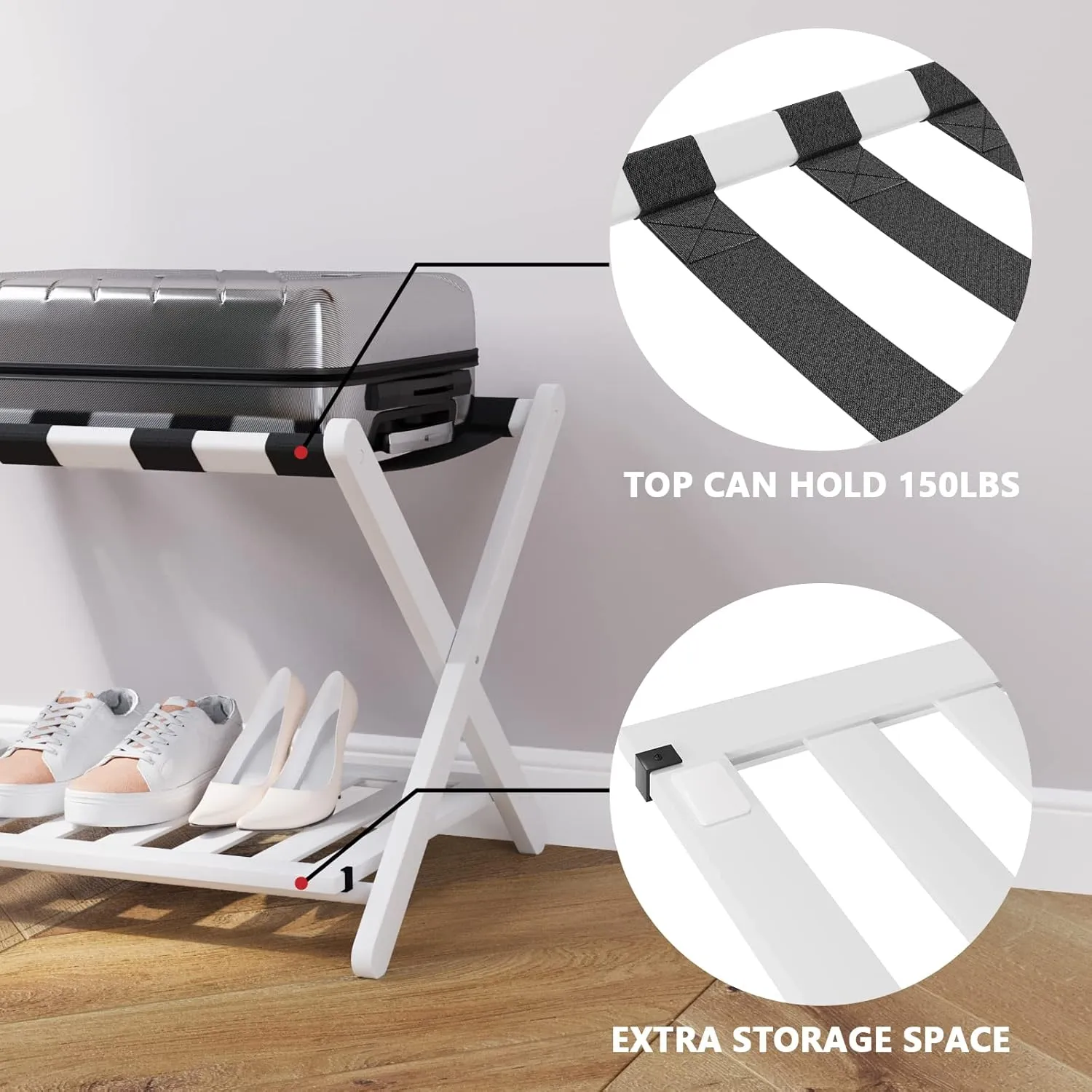 2 Packs Fully Assembled White Luggage Racks with Shoe Shelf, Folding Suitcase Stand with 5 Straps, Wooden Luggage Stand Ideal for Guest Room, Bedroom, Hotel