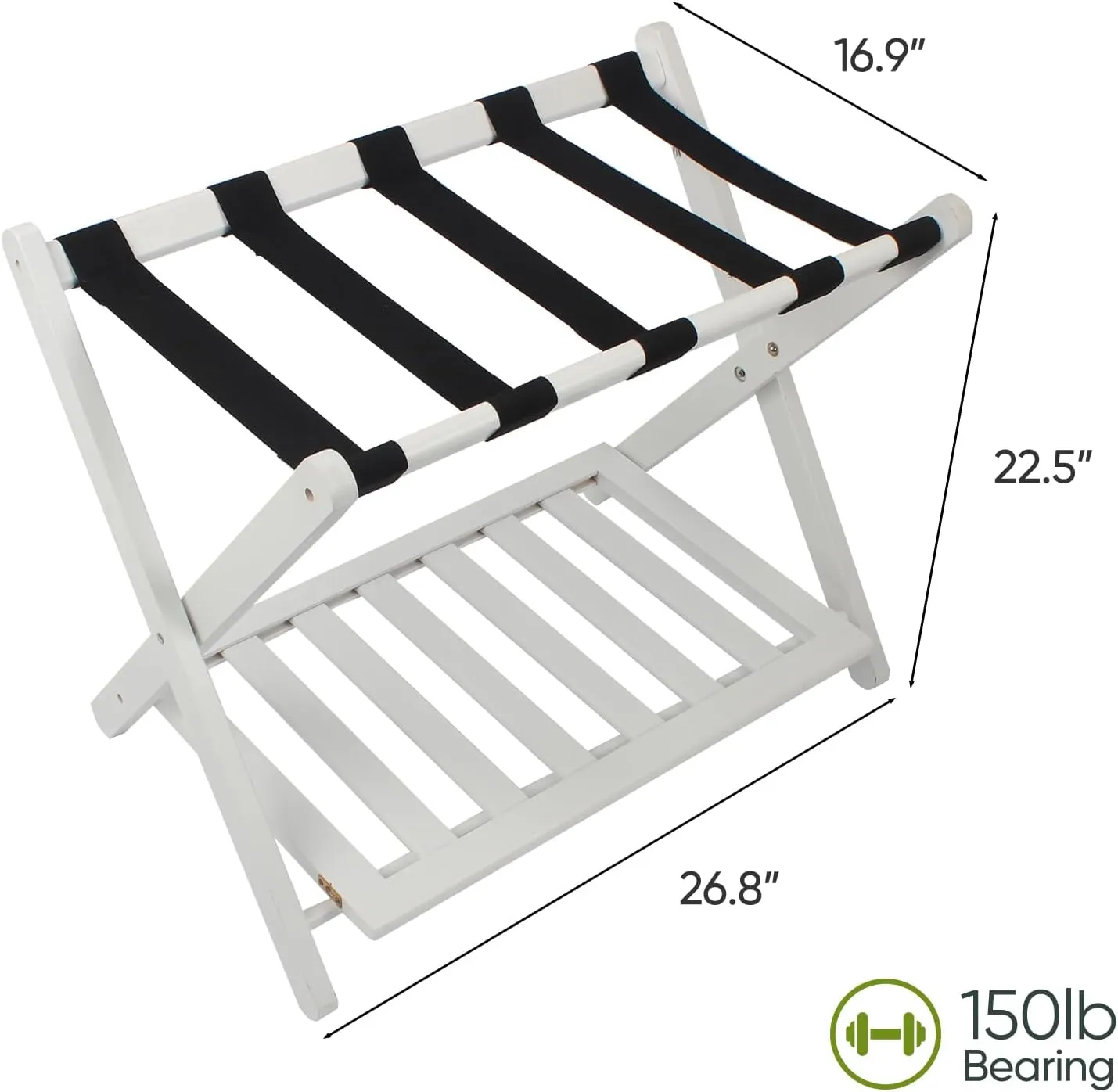 2 Packs Fully Assembled White Luggage Racks with Shoe Shelf, Folding Suitcase Stand with 5 Straps, Wooden Luggage Stand Ideal for Guest Room, Bedroom, Hotel