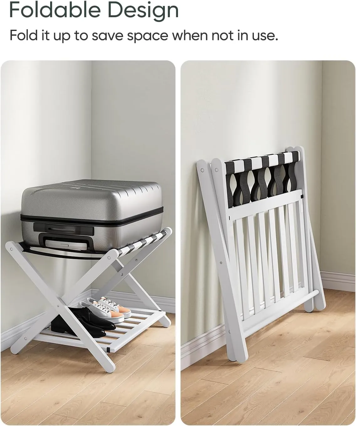 2 Packs Fully Assembled White Luggage Racks with Shoe Shelf, Folding Suitcase Stand with 5 Straps, Wooden Luggage Stand Ideal for Guest Room, Bedroom, Hotel