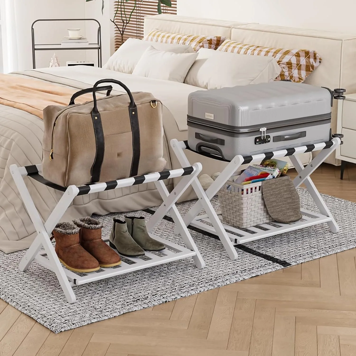 2 Packs Fully Assembled White Luggage Racks with Shoe Shelf, Folding Suitcase Stand with 5 Straps, Wooden Luggage Stand Ideal for Guest Room, Bedroom, Hotel