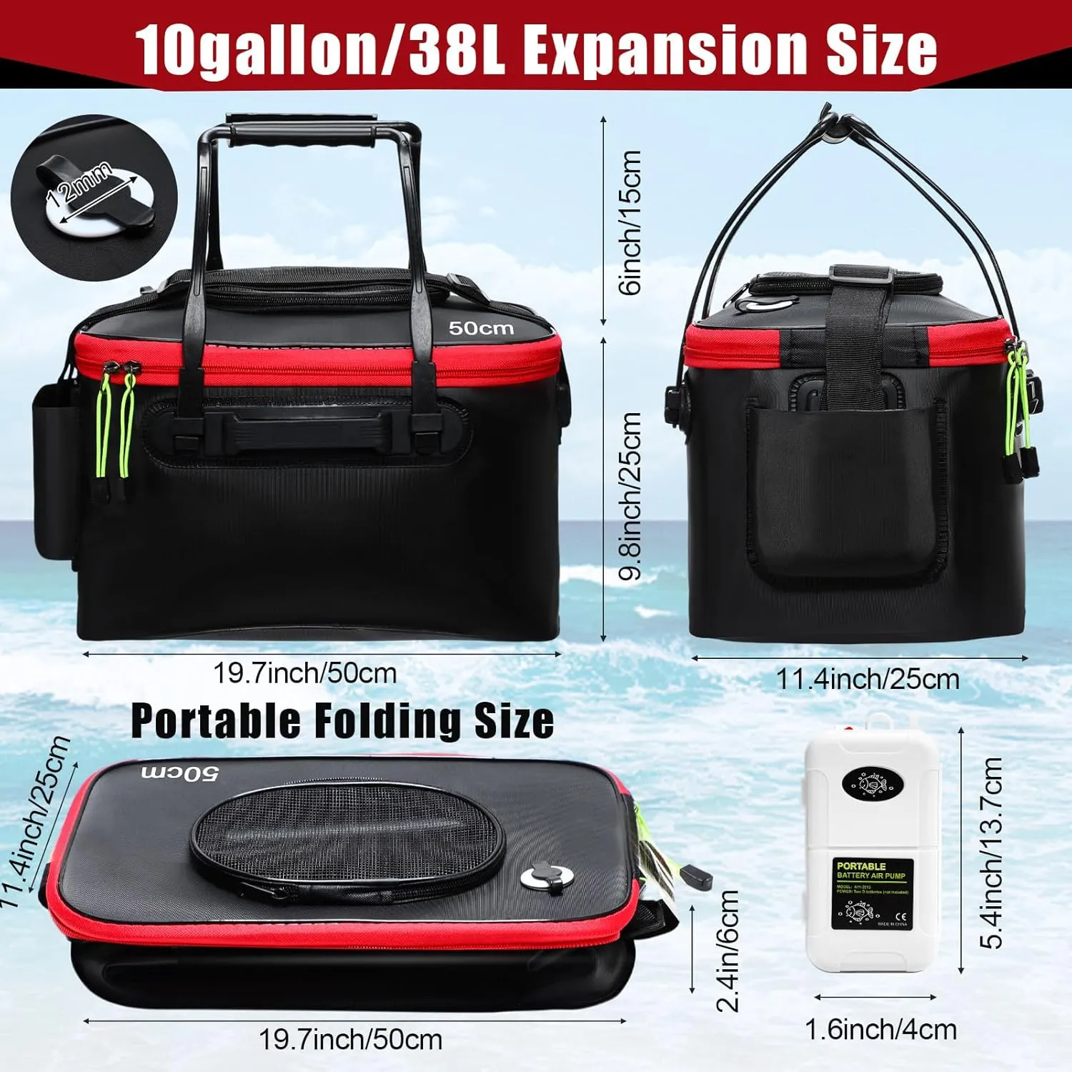 2 Pcs Fishing Bucket and Live Bait Aerator, Foldable Multi Functional Live Bucket Portable Quiet Aerator Outdoor Camping Fishing EVA Bag(10 Gallon)