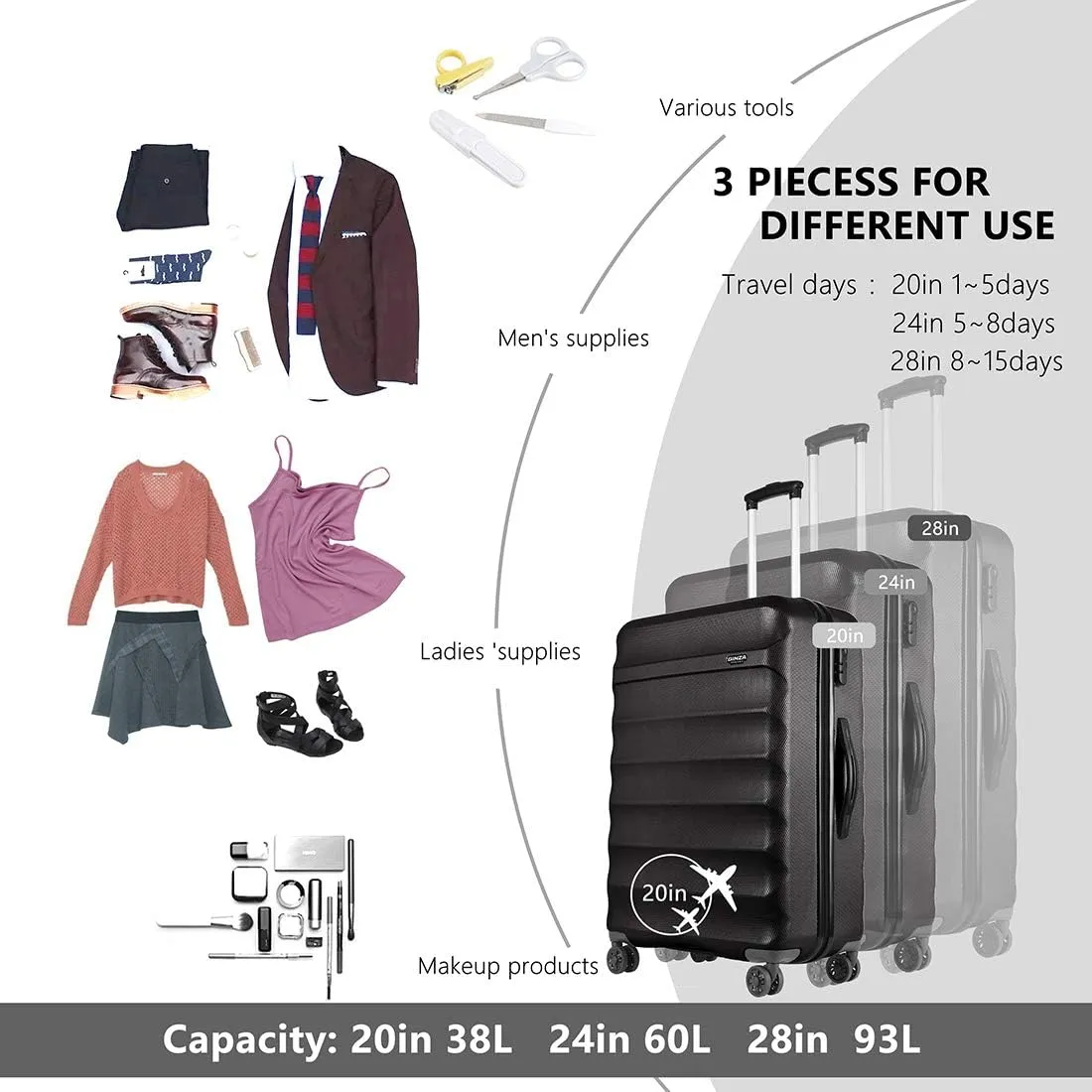 2-Piece Luggage Set and Friction-Resistant in black- Includes 20"& 28" Spinner Suitcases