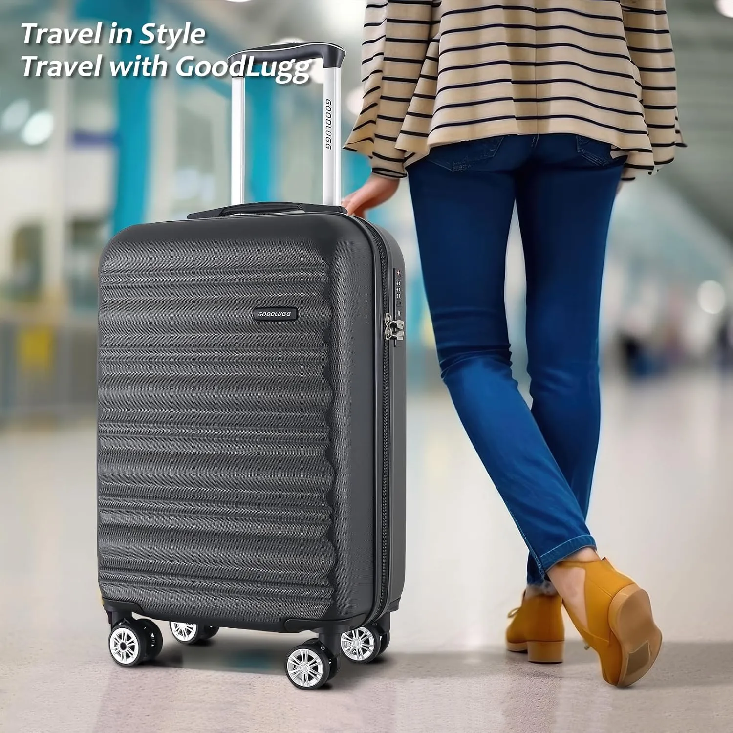 20-Inch Carry-on Luggage with Spinner Wheels and TSA Lock, Airline Approved Lightweight Hardside Suitcase for Travel, Hardshell Suit Case, 20", Black
