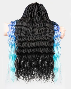 24 Inches Pre Looped Natural Black  Ombre Dark Blue to Light Blue 112 Strands Synthetic Hair Extensions, Soft Goddess Locs Braids with Long Deep Wave Curly Ends(24"-8 Packs,1B TBlue)