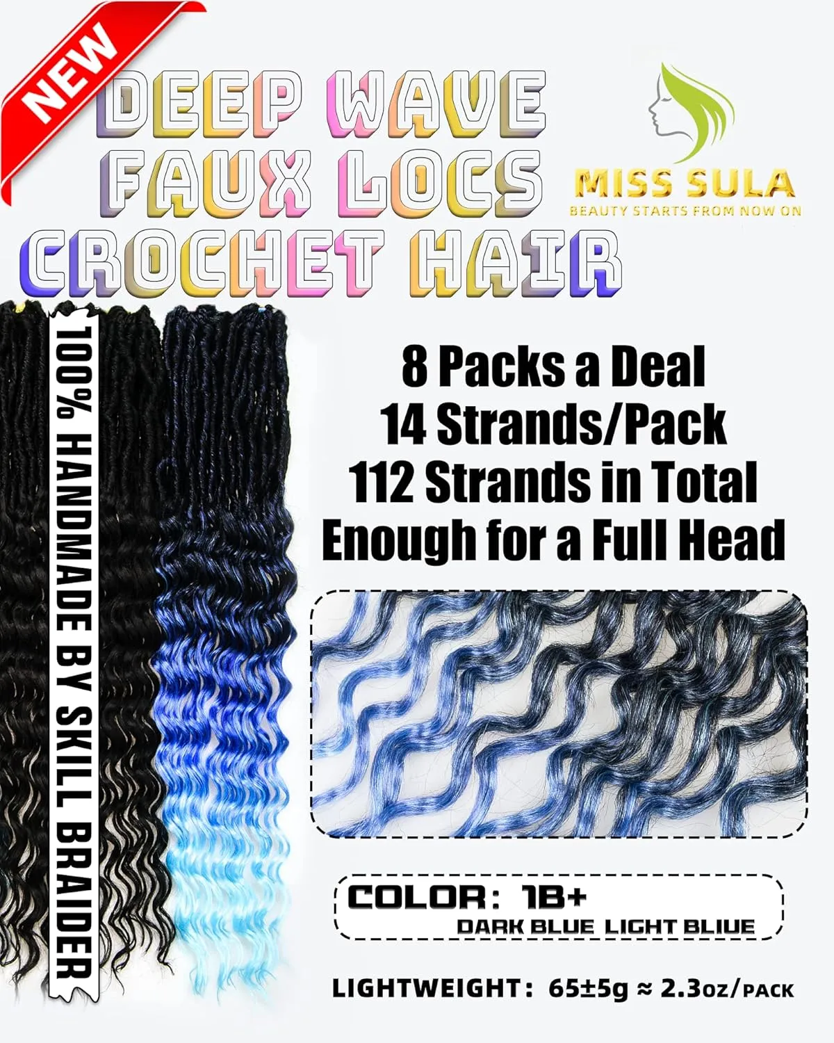 24 Inches Pre Looped Natural Black  Ombre Dark Blue to Light Blue 112 Strands Synthetic Hair Extensions, Soft Goddess Locs Braids with Long Deep Wave Curly Ends(24"-8 Packs,1B TBlue)
