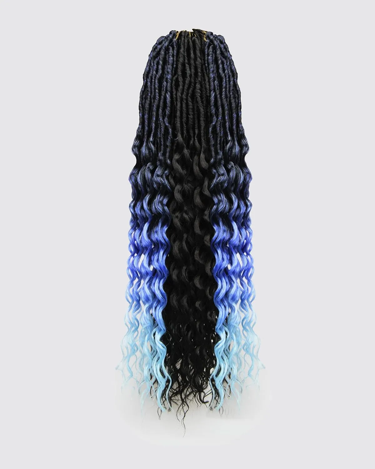 24 Inches Pre Looped Natural Black  Ombre Dark Blue to Light Blue 112 Strands Synthetic Hair Extensions, Soft Goddess Locs Braids with Long Deep Wave Curly Ends(24"-8 Packs,1B TBlue)