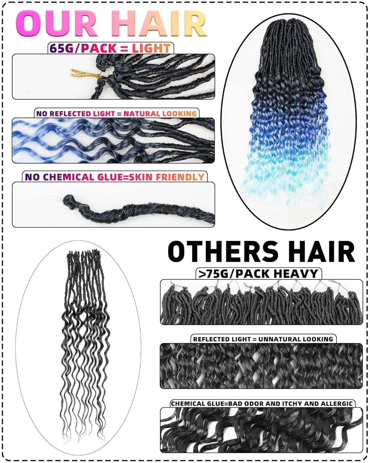 24 Inches Pre Looped Natural Black  Ombre Dark Blue to Light Blue 112 Strands Synthetic Hair Extensions, Soft Goddess Locs Braids with Long Deep Wave Curly Ends(24"-8 Packs,1B TBlue)