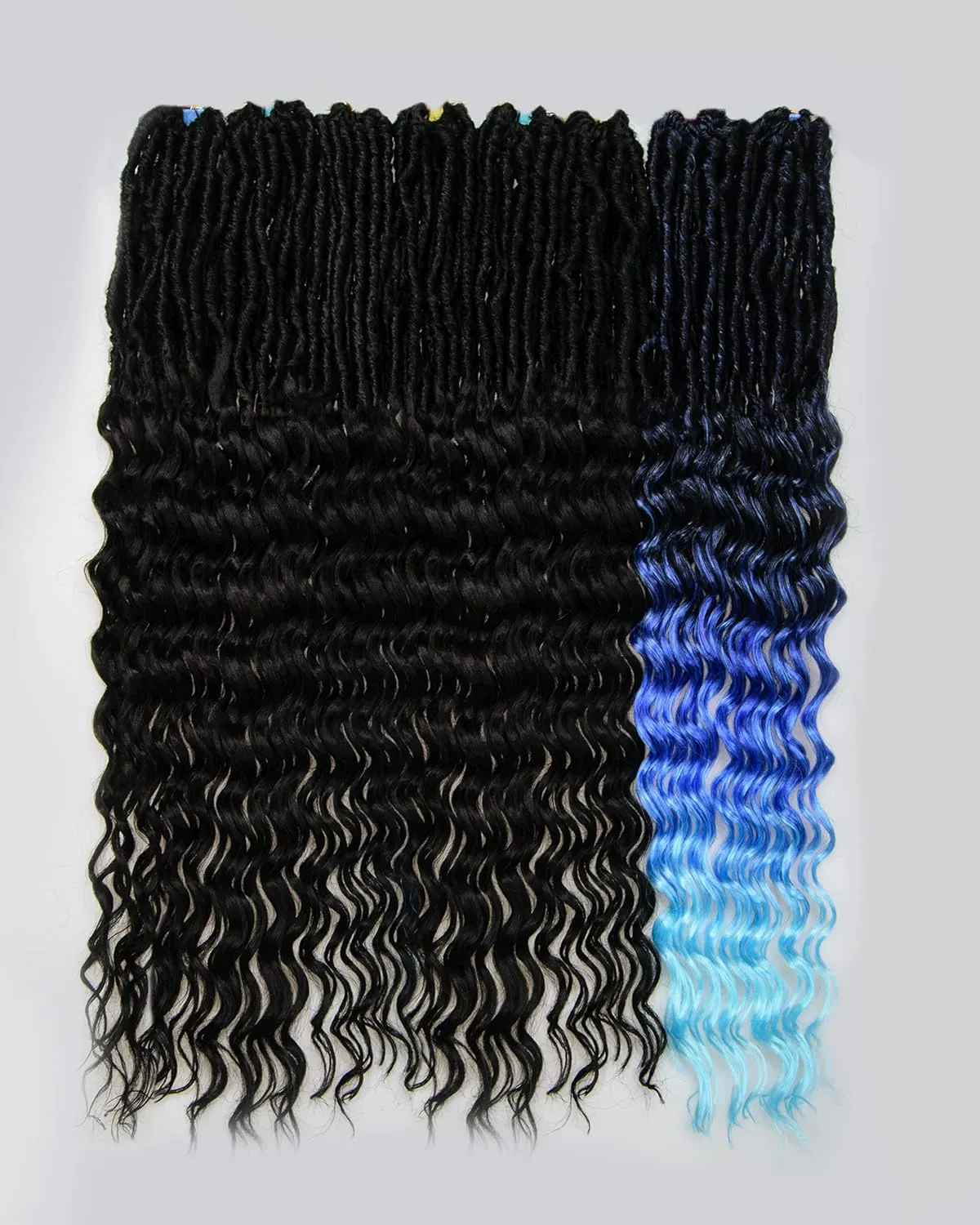 24 Inches Pre Looped Natural Black  Ombre Dark Blue to Light Blue 112 Strands Synthetic Hair Extensions, Soft Goddess Locs Braids with Long Deep Wave Curly Ends(24"-8 Packs,1B TBlue)