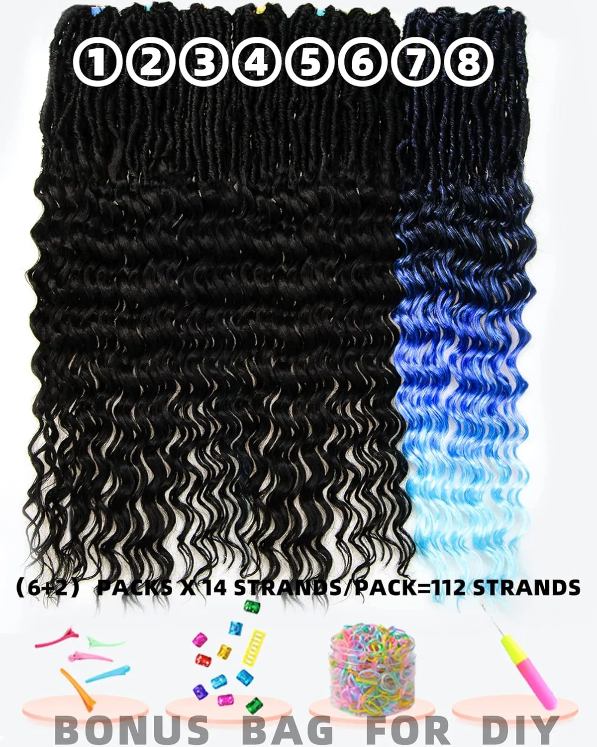 24 Inches Pre Looped Natural Black  Ombre Dark Blue to Light Blue 112 Strands Synthetic Hair Extensions, Soft Goddess Locs Braids with Long Deep Wave Curly Ends(24"-8 Packs,1B TBlue)