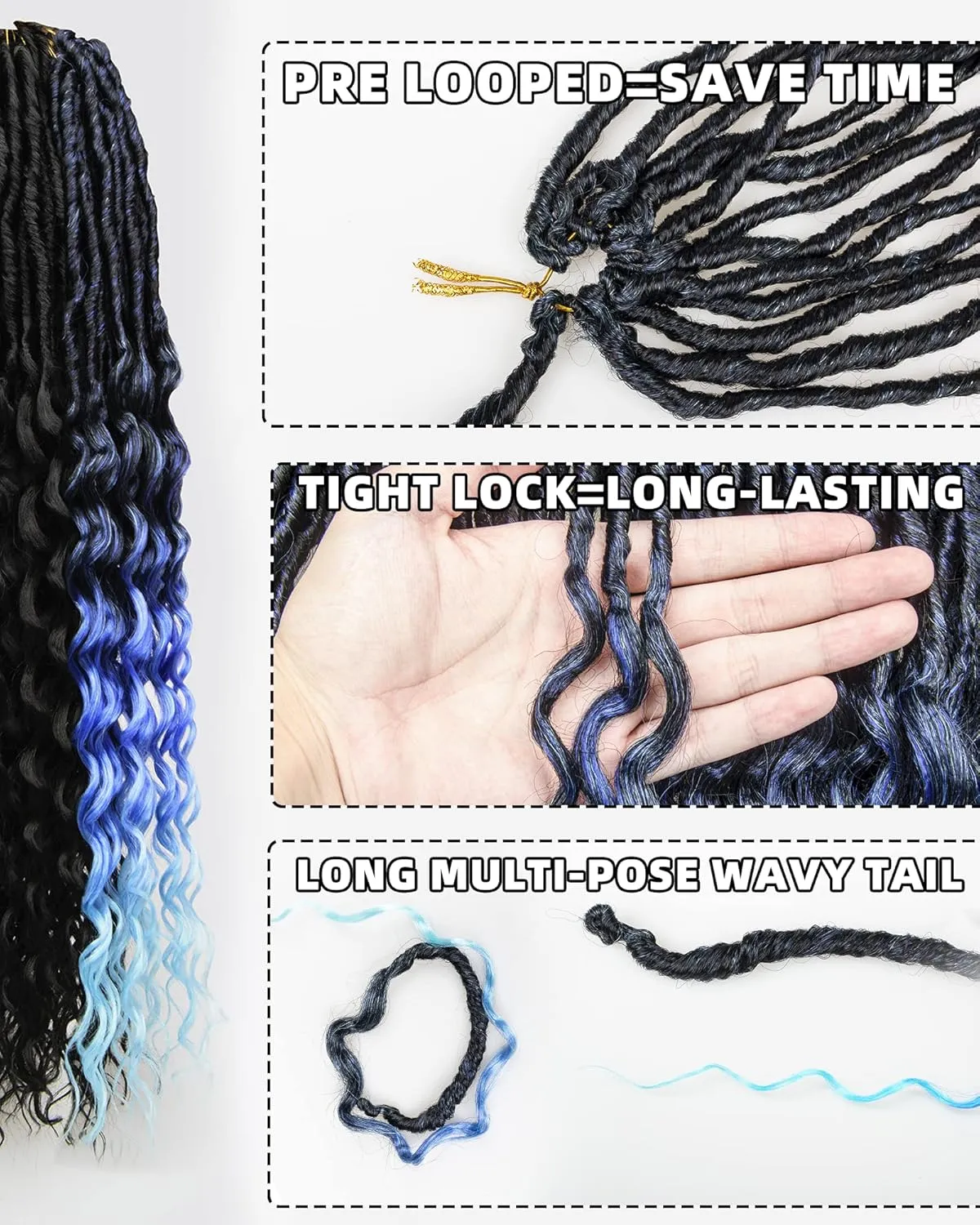 24 Inches Pre Looped Natural Black  Ombre Dark Blue to Light Blue 112 Strands Synthetic Hair Extensions, Soft Goddess Locs Braids with Long Deep Wave Curly Ends(24"-8 Packs,1B TBlue)