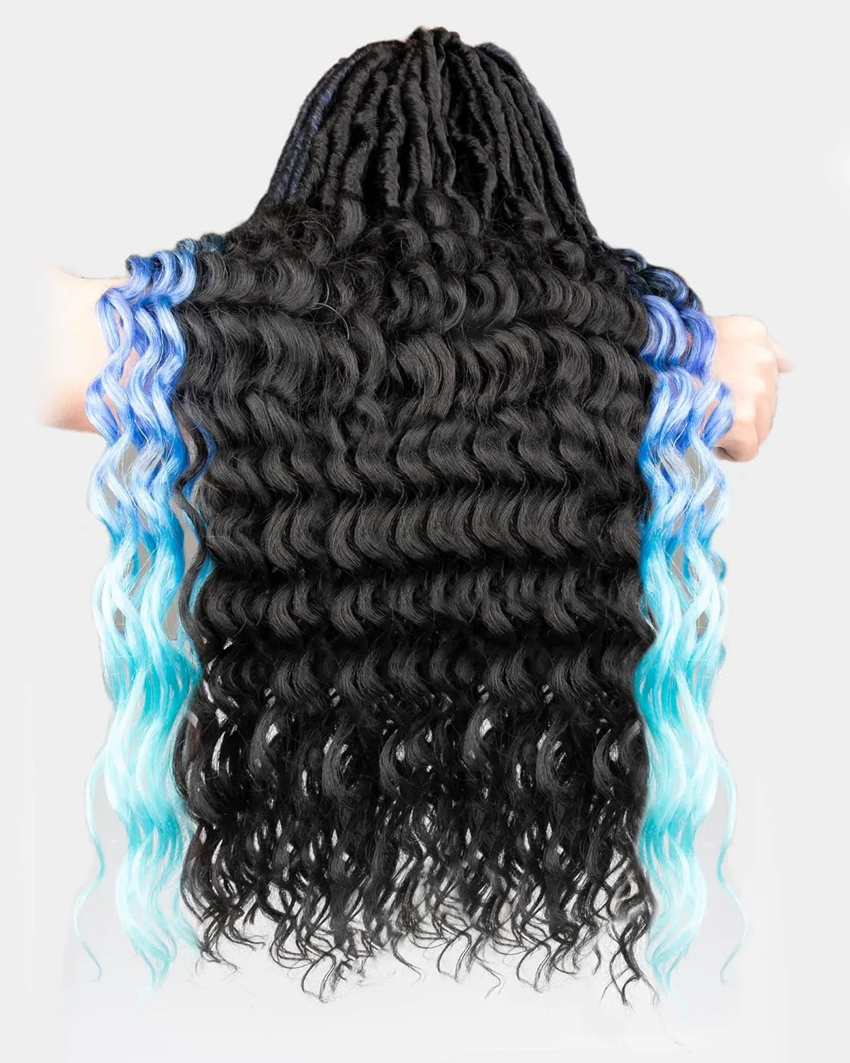 24 Inches Pre Looped Natural Black  Ombre Dark Blue to Light Blue 112 Strands Synthetic Hair Extensions, Soft Goddess Locs Braids with Long Deep Wave Curly Ends(24"-8 Packs,1B TBlue)