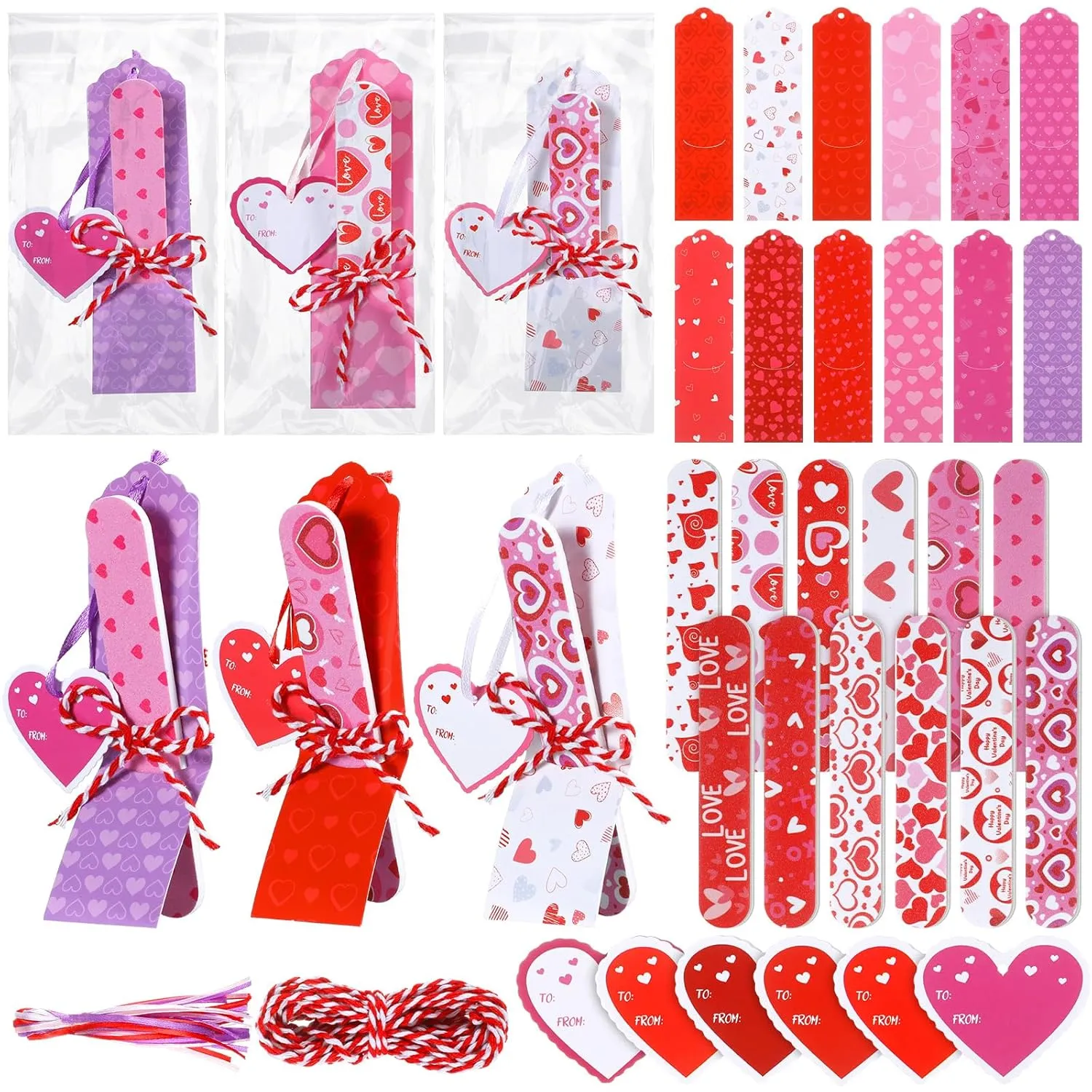 24 Sets Valentine's Day Nail Files Bulk Valentine Gifts Hearts Emery Boards Valentine's Day Cutout Manicure Tools with 24 Emery Boards 24 Cutout 24 Cords and 24 Exchange Gift Bag for Adults