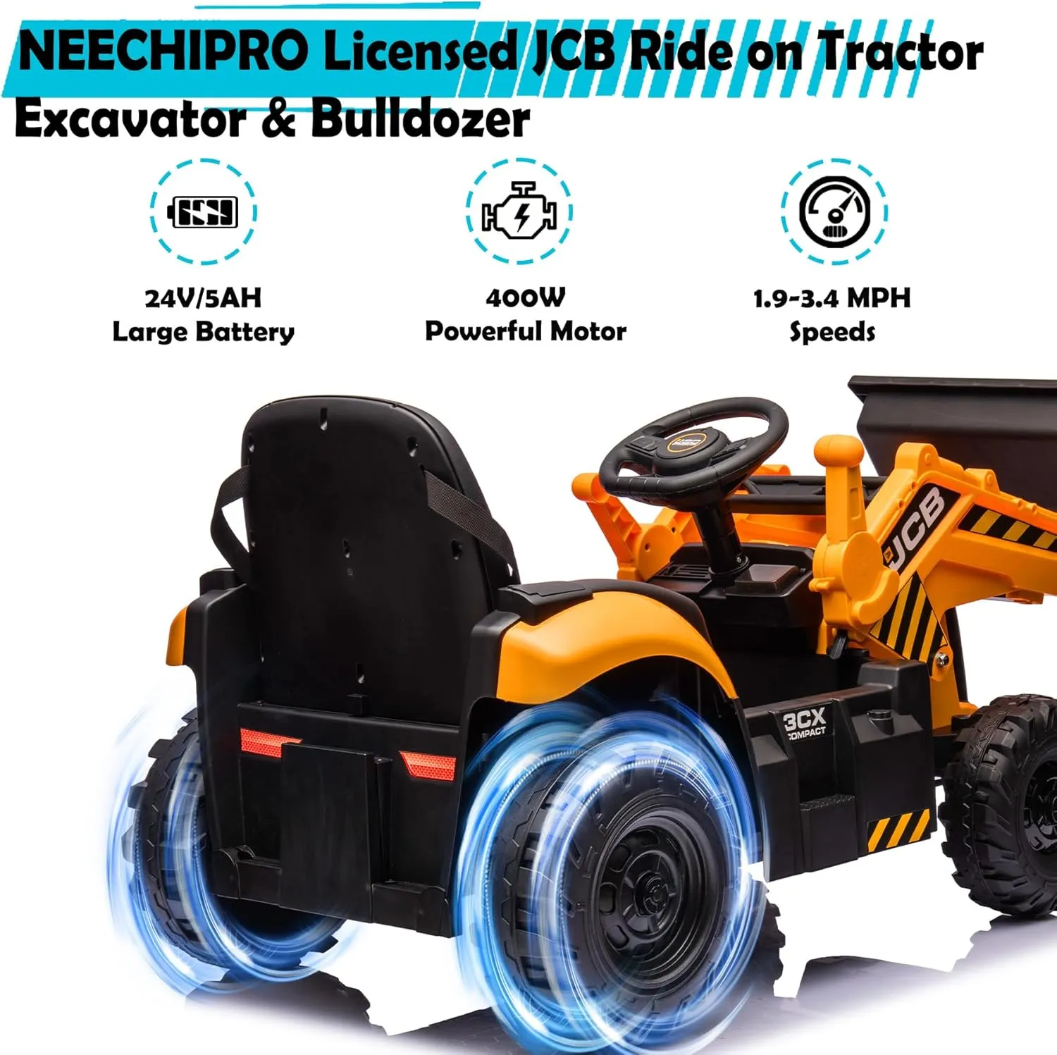 24V 3 in 1 Ride on Tractor, Excavator & Bulldozer for Kids, Licensed JCB Electric Vehicle w/Remote Control, Front Loader Shovel, Digger, 400W Motor Battery Powered Ride on Car (Yellow)