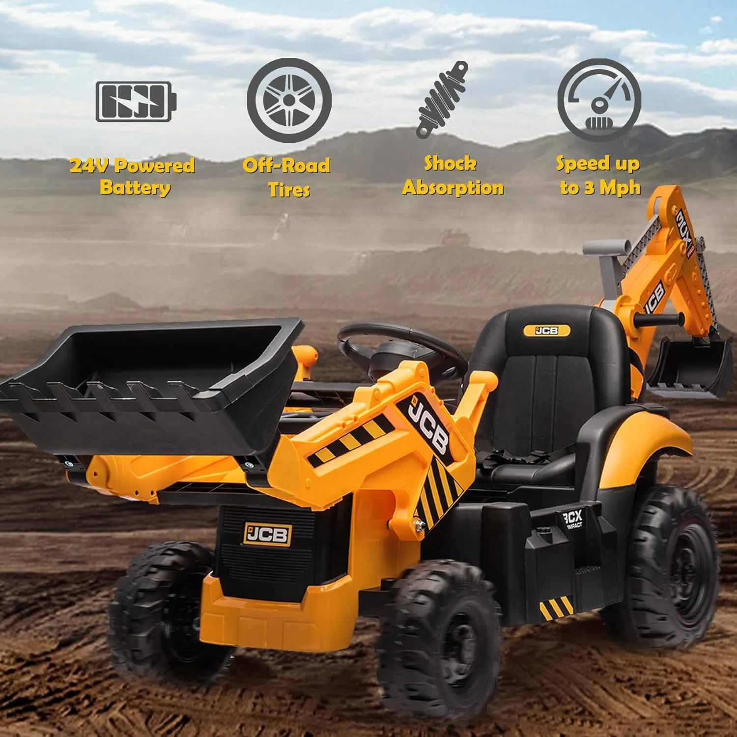 24V JCB Ride On Excavator, Electric Excavator for Kids 3-8 Years, Construction Vehicle Toy with Remote Control, Front Loader, Removable Seat, Yellow