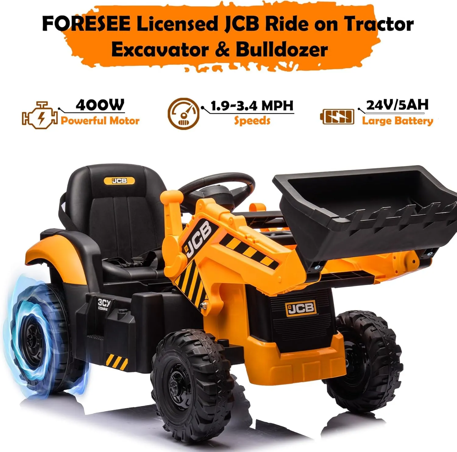 24V JCB Ride On Excavator with Remote Control, 400W Powerful Motor Battery Powered Electric Vehicle with Seat Direction Changeable, Tractor,Bulldozer,Digging Arm, Yellow