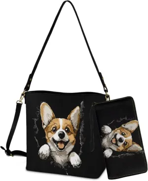 2PC Leather Purse and Wallet Set for Women Lady Large Crossbody Bucket Tote Bag with PU Wallet