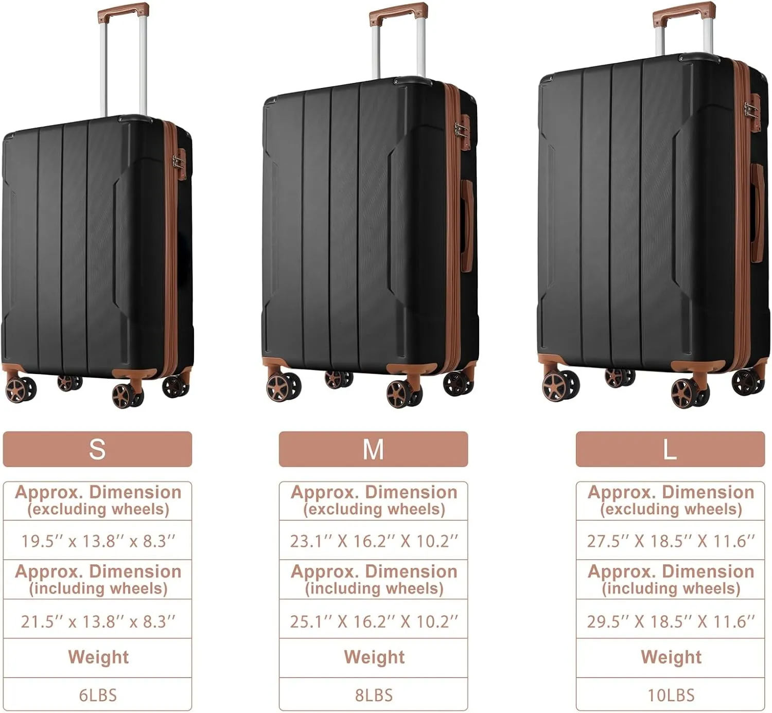3 Piece Luggage Set: ABS Hard Shell Lightweight Durable Suitcases with Double Spinner Wheels 20/24/28 Inch(Black Brown)