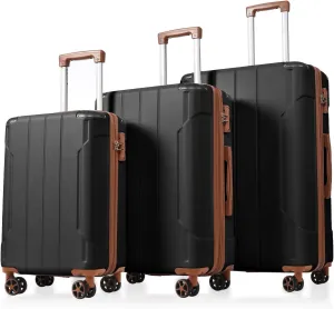 3 Piece Luggage Set: ABS Hard Shell Lightweight Durable Suitcases with Double Spinner Wheels 20/24/28 Inch(Black Brown)
