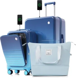 3-Piece Luggage Set for Stress-Free Travel, Innovative Front-Opening Design with USB Port, Blue