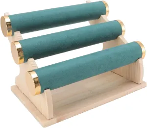 3 Tier Bracelet Holder, Detachable Jewelry Display Stand, Velvet Bracelet Holder with 3 Tier Rack with Wooden Tray for studs Keys, Bangle Watch Necklace Display Stand for Home(Green)