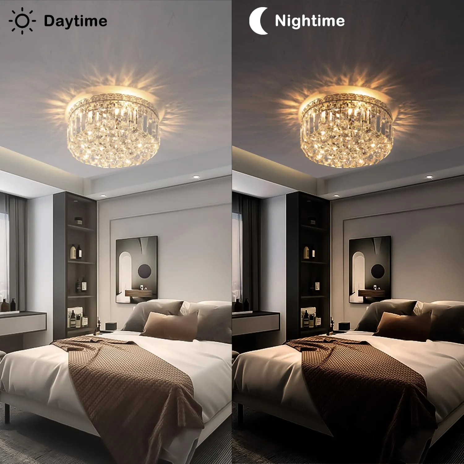 4-Light Crystal Flush Mount Chandelier Light Fixture with K9 Crystals Modern Ceiling Lights Elegant Pendant Lamp for Bedroom,Hallway,Bar,Living Room,Dining Room,H5.9 xW13.7(Bulbs Not Included)