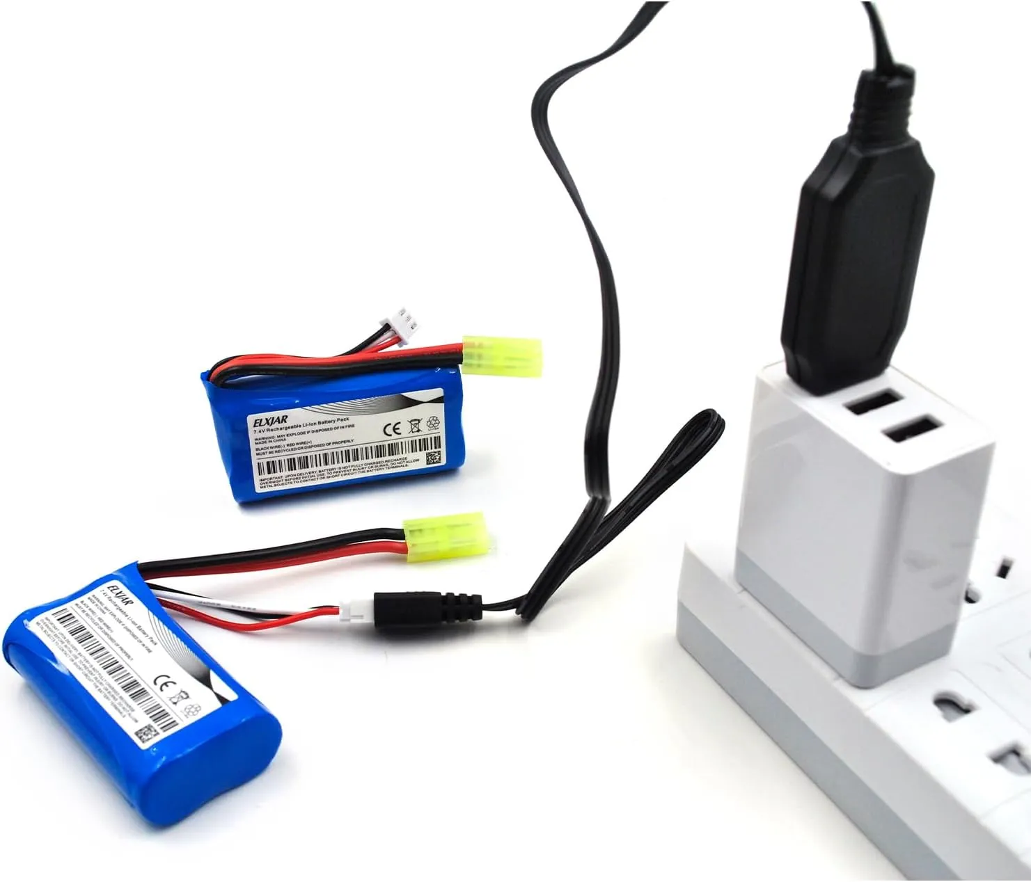 (4-Pack) 7.4V 1500mAh 2S Li-ion Battery with Mini Tamiya Plug and USB Charger for DEERC 302E 9300 9310 300E 1/18 RC Car Truck 9034E 9305E
