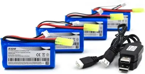 (4-Pack) 7.4V 1500mAh 2S Li-ion Battery with Mini Tamiya Plug and USB Charger for DEERC 302E 9300 9310 300E 1/18 RC Car Truck 9034E 9305E