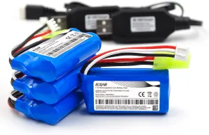 (4-Pack) 7.4V 700mAh Li-ion Battery with Mini Tamiya Plug and 2 USB Charger Cables for 1/18 Scale RC Cars 9310 9300 9301E 9302E 9303E 9305E 9034E PX9300