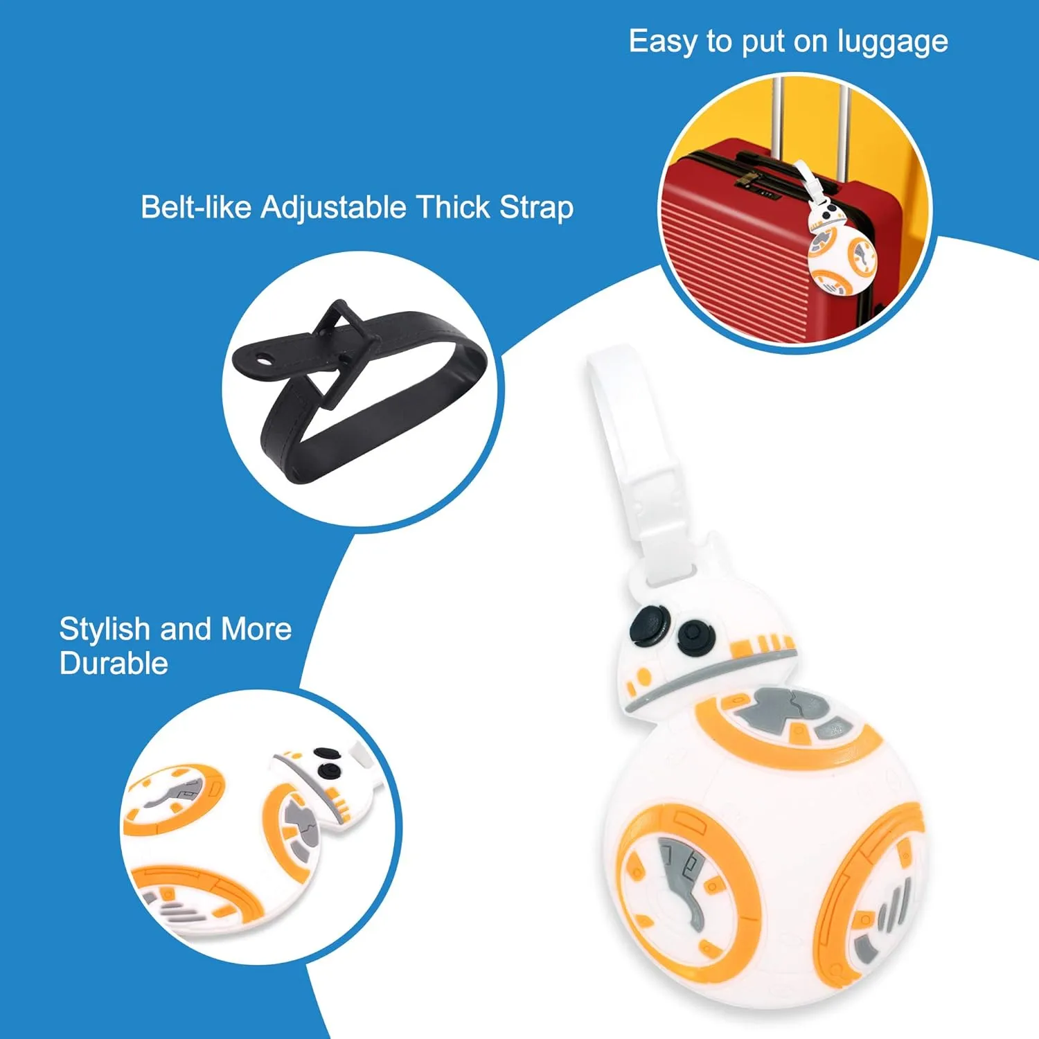 4 Pcs Set Star Wars Kylo Ren BB8 Stormtrooper R2D2 Silicone Travel Luggage Baggage Identification Labels ID Tag for Bag Suitcase Plane Cruise Ships with Belt Strap