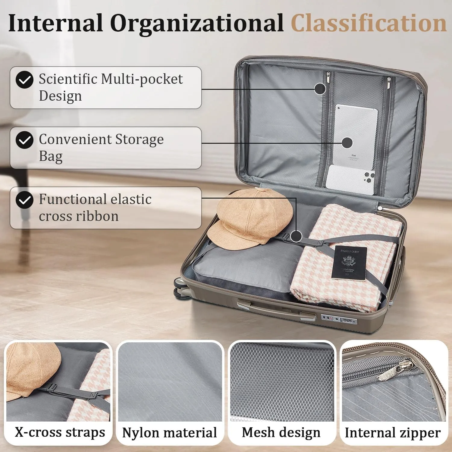 4-Piece Expandable Hardshell Luggage Set with TSA Lock (14/20/24/28) - Lightweight PP Suitcases, 360° Silent Spinner Wheels and Durable 100LB Handle for Air Travel (Champagne)