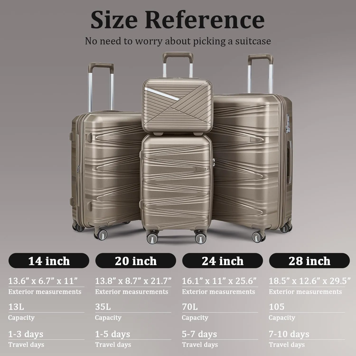 4-Piece Expandable Hardshell Luggage Set with TSA Lock (14/20/24/28) - Lightweight PP Suitcases, 360° Silent Spinner Wheels and Durable 100LB Handle for Air Travel (Champagne)