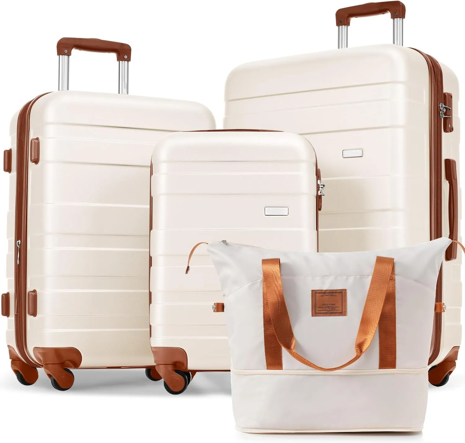 4-Piece Luggage Set with Spinner Wheels & TSA Lock - 20" 24" 28" ABS Hard Shell Suitcases   Travel Bag, Lightweight Durable Checked & Carry On Luggage Suitcase Set for Men Women (Ivory Brown)