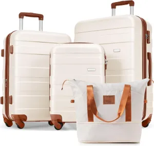 4-Piece Luggage Set with Spinner Wheels & TSA Lock - 20" 24" 28" ABS Hard Shell Suitcases   Travel Bag, Lightweight Durable Checked & Carry On Luggage Suitcase Set for Men Women (Ivory Brown)